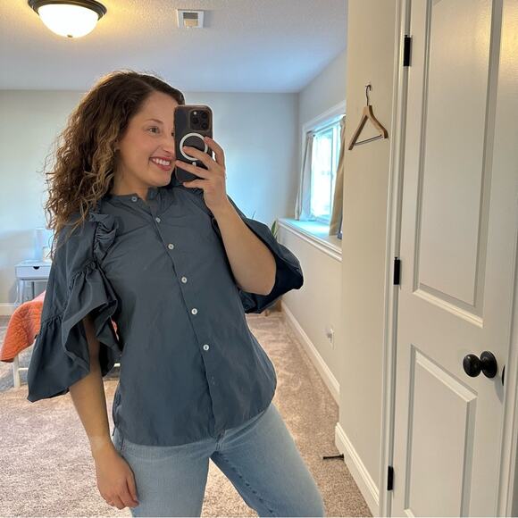 Tuckernuck TISH COX Blue Button Front Ruffled Top Blouse XS - Picture 7 of 15